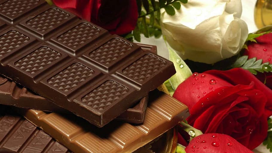 chocolate bars, top, red, white, roses, chocolate, candy, dark, sweet, milk chocolate
