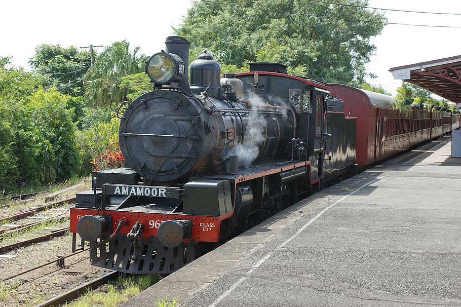 black, maroon, amamoor train, Amamoor, train, steam engine, locomotive, passenger train, puffing billy, steam powered