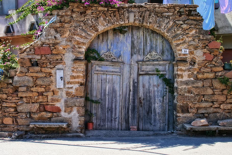 house gate closed, italy, sardinia, ballao, old blue door, architecture, built structure, entrance, door, building exterior