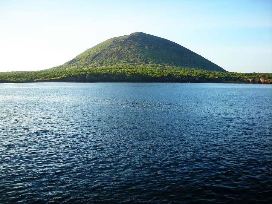 montaña, frente, calma, cuerpo, marina, colina, agua, rocas, isla, galápagos