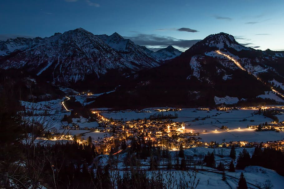 brown, white, mountain, blue hour, night photograph, winter, mountains, bad hindelang, bad oberdorf, ostrachtal