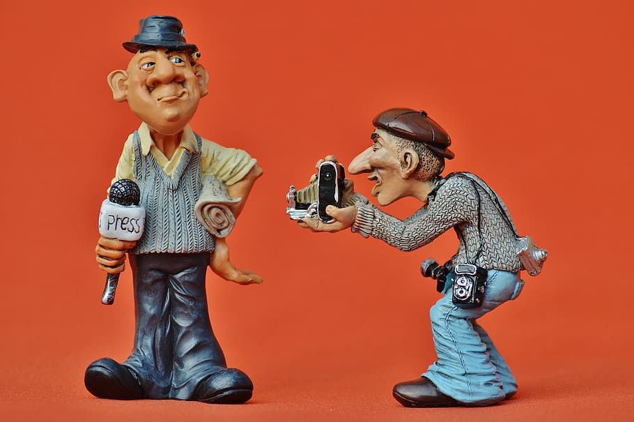 man, holding, microphone, camera figurines, press, journalist, photographer, news, headlines, journalism