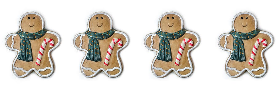 four gingerbreads, gingerbread man, decoration, christmas, toy, gingerbread, traditional, decorated, background, panoramic