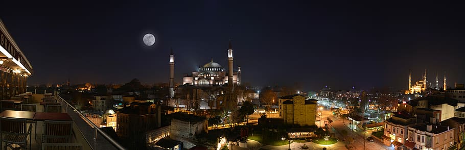 paisaje urbano nocturno, luna, noche, paisaje urbano, Estambul, Turquía, Hagia Sophia, edificios, fotos, dominio público