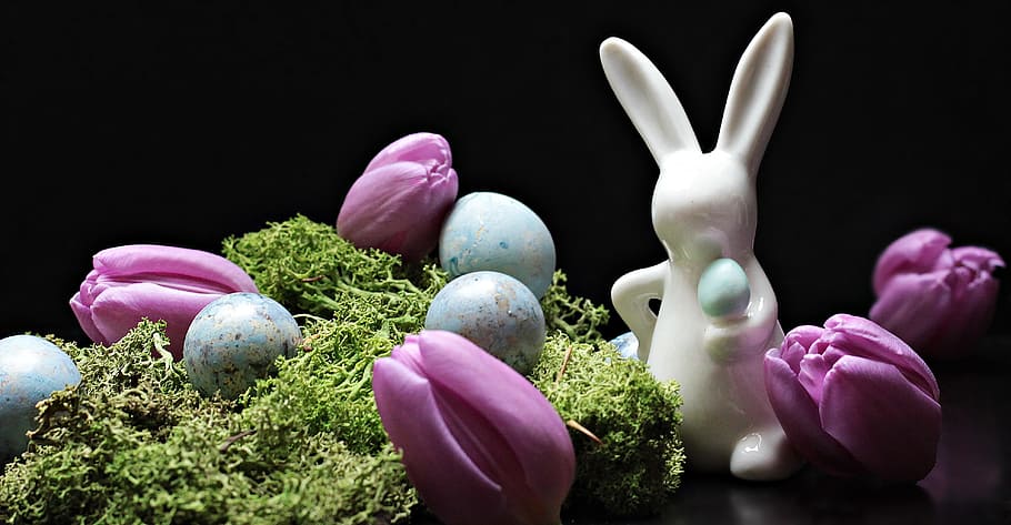 white, ceramic, rabbit figurine, purple, tulips, blue, eggs, white rabbit, figurine, petal