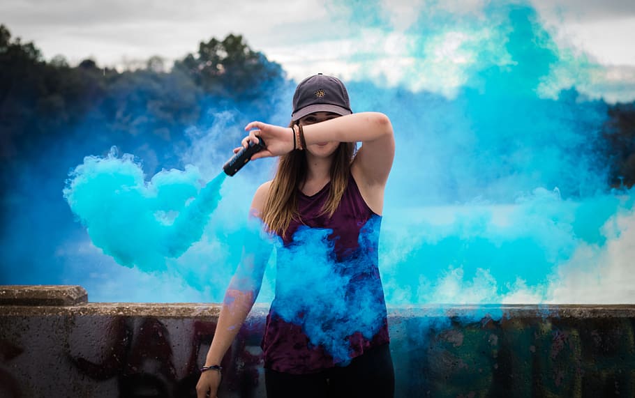 outside, blue, smoke, people, woman, girl, one person, smoke - physical structure, women, clothing
