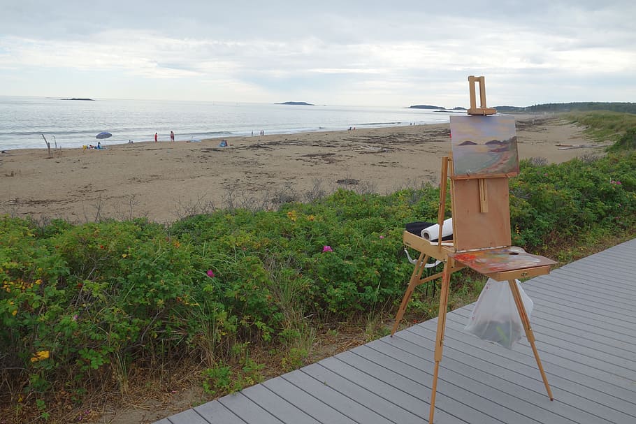 sea, beach, painting, easel, landscape, islands, bank, beach sea, by the sea, holiday