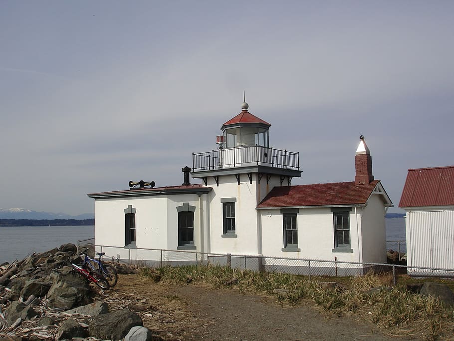 discovery park, lighthouse, seattle, puget sound, sea, seacoast, built structure, architecture, building exterior, sky