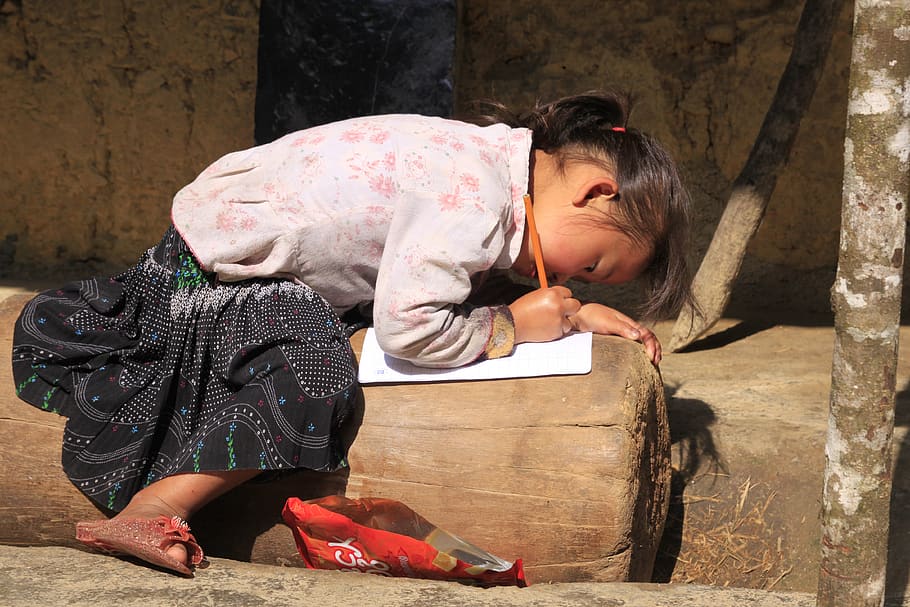 hmong, niña, escribir, hacer tarea, madera, pueblo, hagiang, vietnam, infancia, una persona
