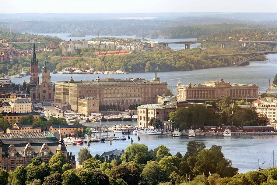 aerial, photography, beige, landmark, royal palace, sweden, stockholm, air photo, europe, cityscape