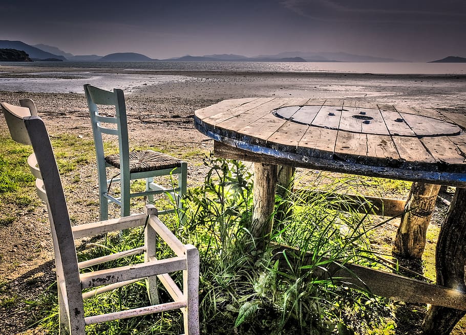 loneliness, lonely, table, sea, water, landscape, nature, chairs, end of an era, wood - material