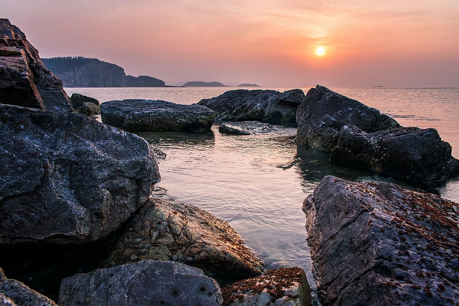 rocky, shore, sundown, stone, beach, sunset, yantai, long island, hdr, ppt backgrounds