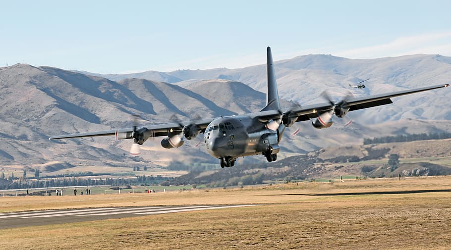 Hercules, Lockheed, C-130, field, viewing, mountain, sky, daytime, flying, air vehicle
