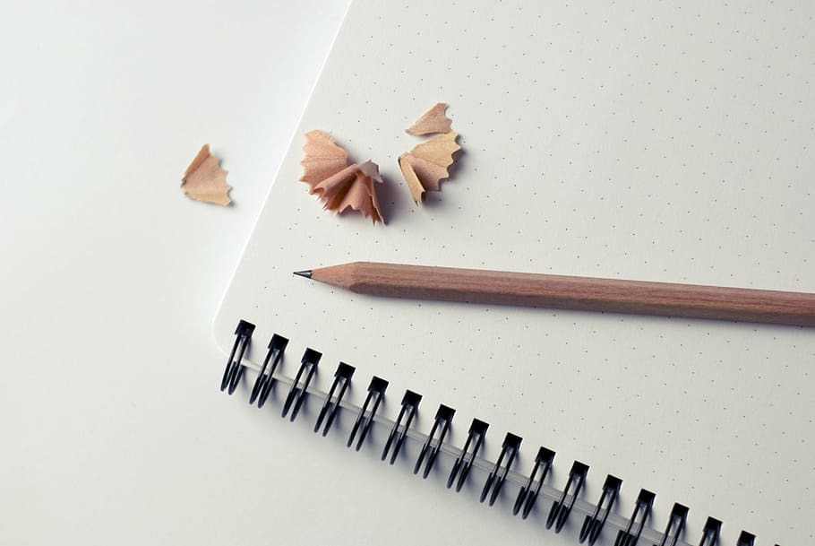 brown, pencil, white, spiral notebook, notepad, shavings, business, office, paper, wood - Material