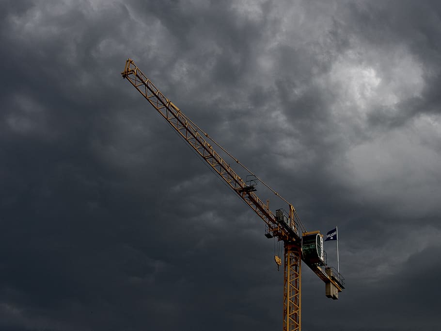 grúa, construcción, industrial, cielo, tormenta, nubes, nublado, nube - cielo, industria, industria de la construcción