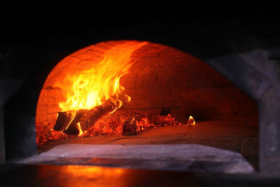kayu, terbakar, api, di dalam, oven bata, oven kayu, oven, pizza, menyala, dapur