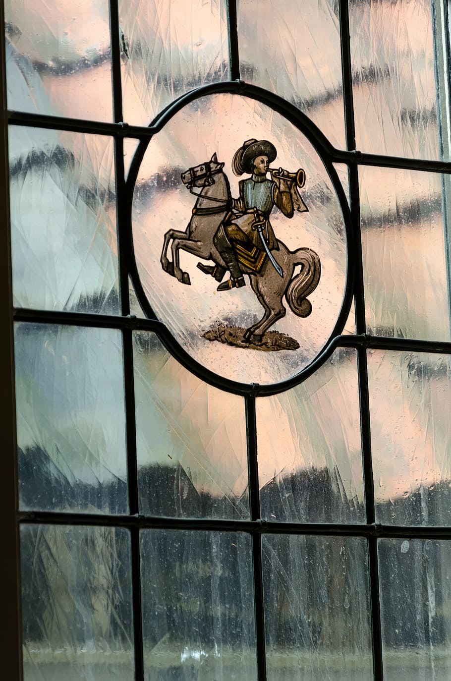 stained glass, window, rider, horse, hannemahuis is situated, museum, harlingen, glass - material, transparent, reflection