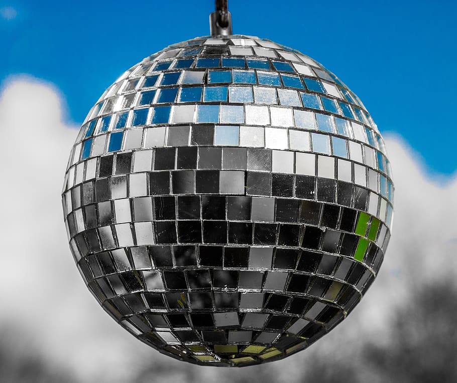 sphere, glitter, disco, ball, mirror, round, disco ball, nightclub, sky, reflection
