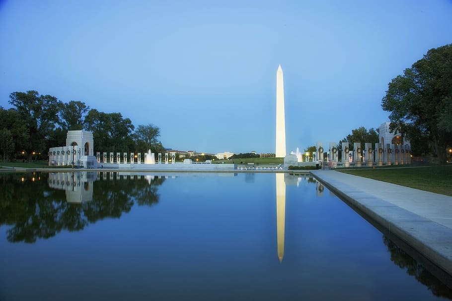 white obelisk, washington dc, sunset, dusk, evening, reflecting pool, water, reflections, washington monument, world war ii memorial