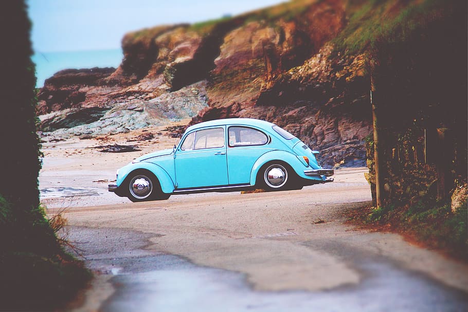 teal volkswagen beetle, parked, seashore, daytime, beach, beetle, car, nature, road, sea