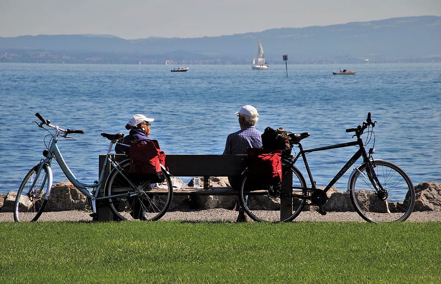 bench, bodensee, senior, bike, meeting, total, park, rest, happy, pensions
