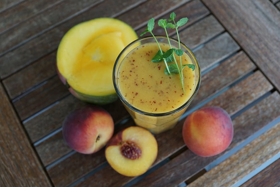 smothie, fruit, drink, glass, healthy, peach, mango, juice, nutrition, vitamins