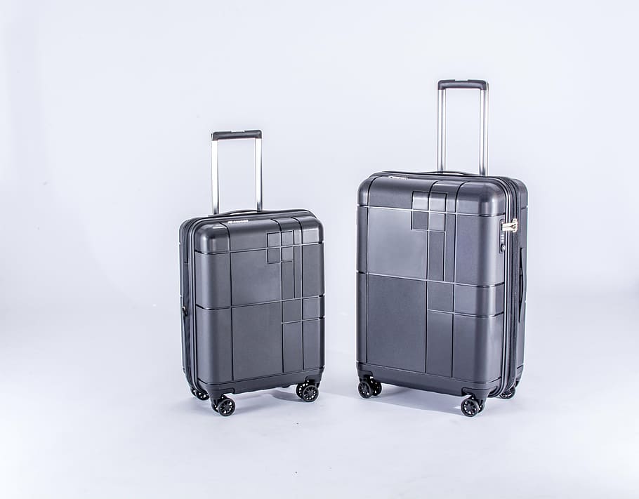 dos, gris, maletas con ruedas para equipaje, blanco, superficie, equipajes, estuche, maletas con ruedas, maleta, equipaje