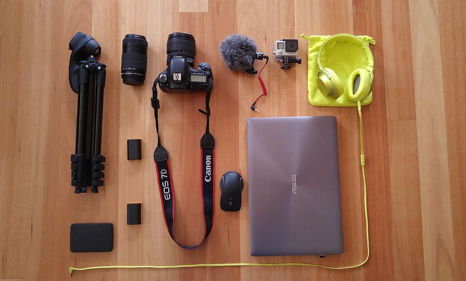 trípode, lente, osmo, cámara, canon, dslr, fotografía, mouse, batería, cable