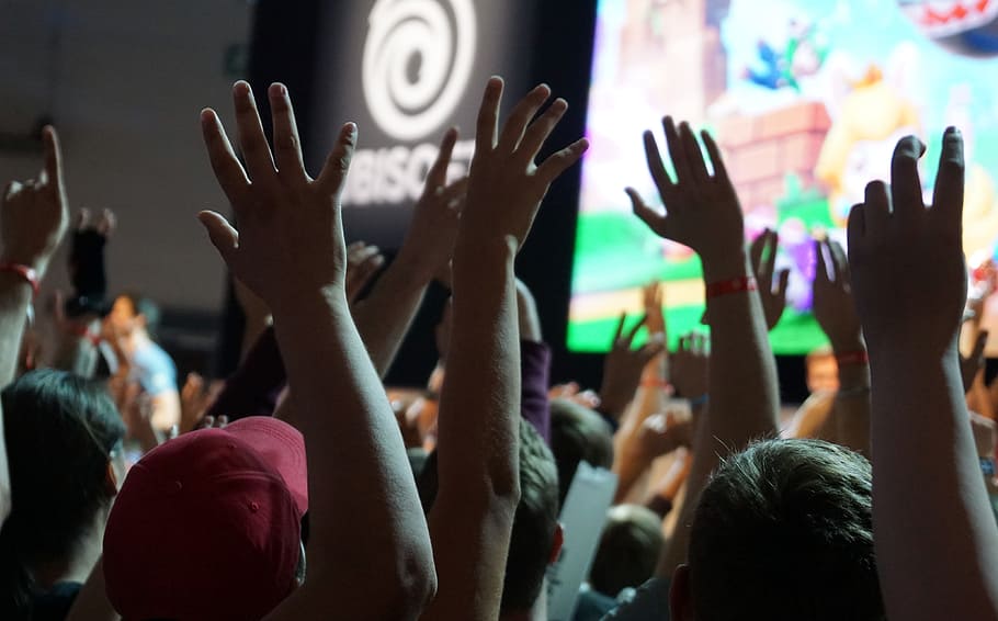 crowd, raising, hands, gamescom, games, convention, cologne, human, group of people, human arm