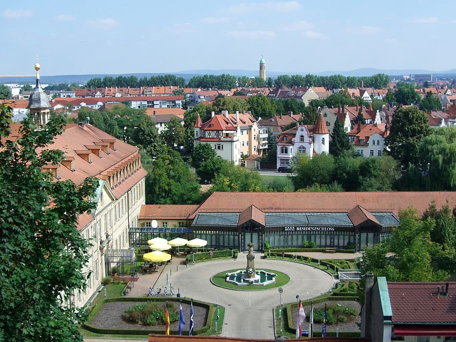 Bamberg, Gastronomia, residenzschloss, pátio, lower sandstraße, parque de estacionamento de vários andares, arquitetura, europa, telhado, paisagem urbana