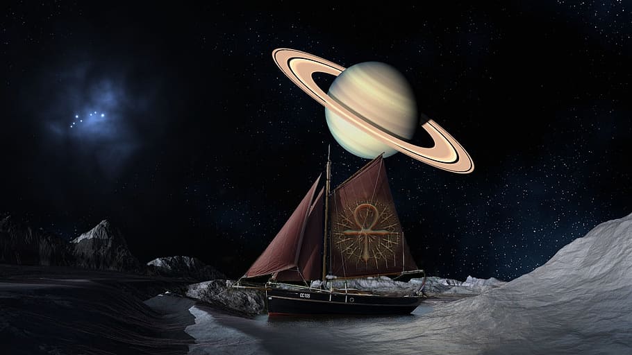 Barco, papel tapiz de la planta de Saturno, equilibrio, estrellas, magia, fantasía, imaginación, vela, viaje, horizonte