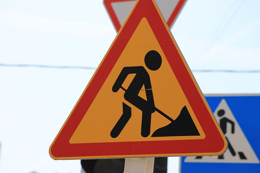 road sign, road works, pointer, attention, warning, construction, road, work, sign, communication