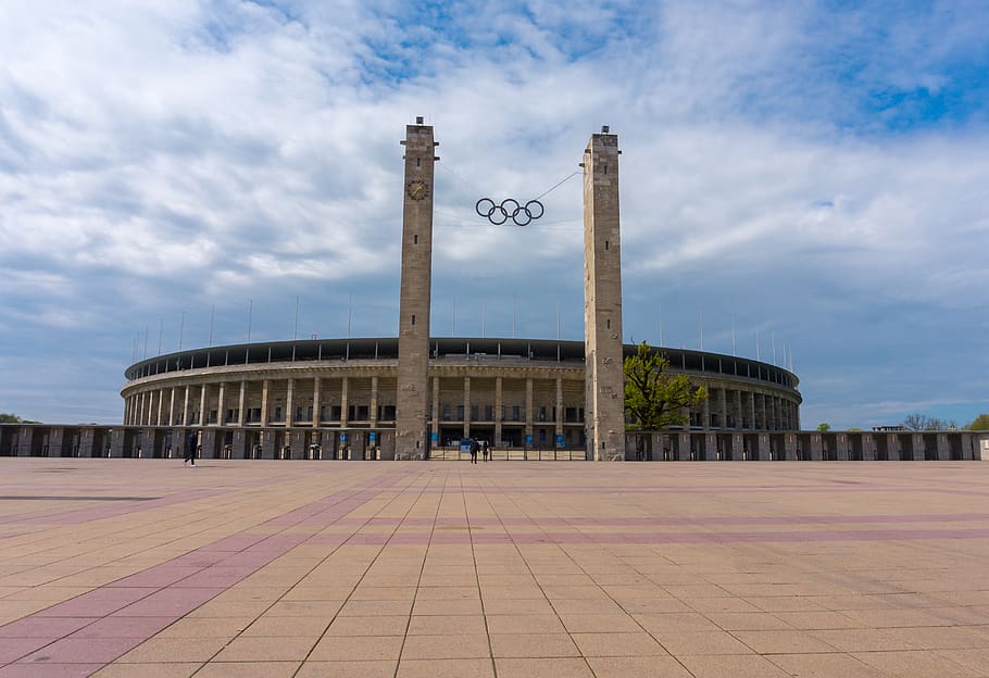 architecture, berlin olympic stadium, fussballstadtion, olympic rings, berlin, history, historically, built structure, cloud - sky, sky