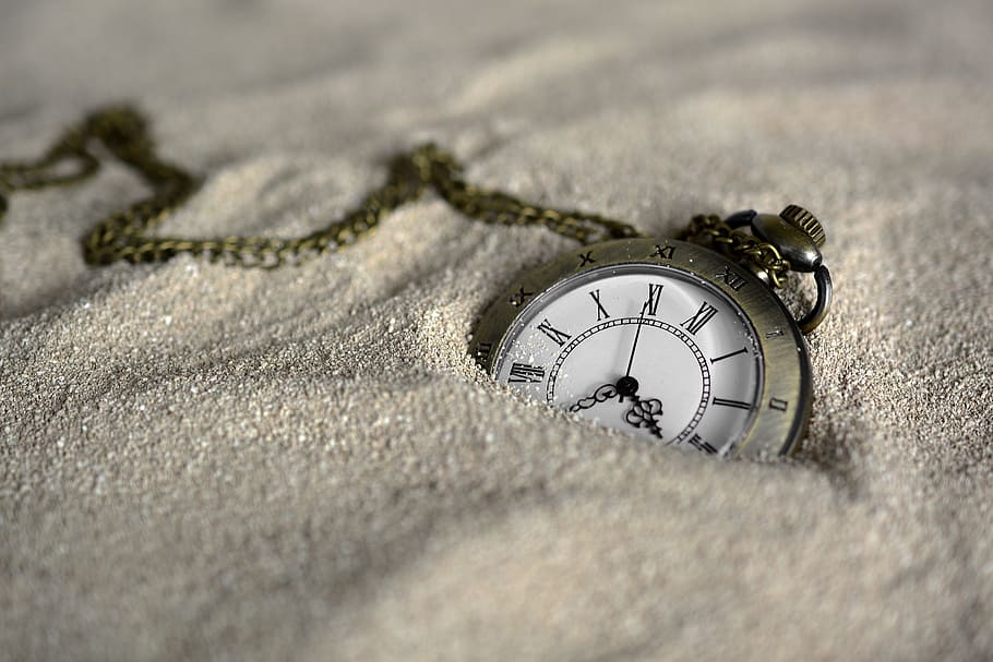 shallow, focus photography, pocket, watch, white, sands, pocket watch, time of, sand, time