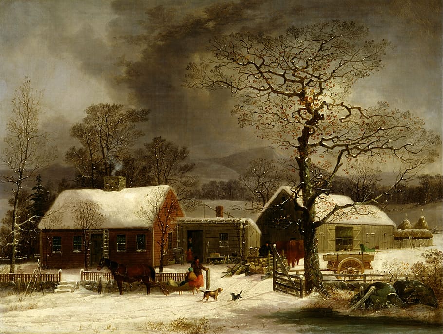 kuda, depan, rumah, di samping, wanita, salju, george durrie, lukisan, minyak di atas kanvas, artistik