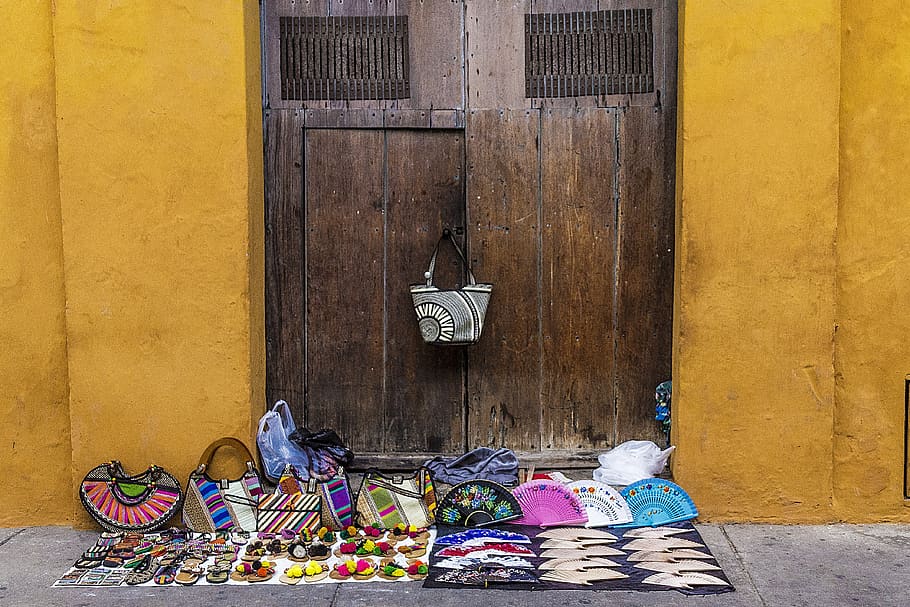 purses, doors, antique, old, architecture, for sale, yellow wall, street, vendor, selling