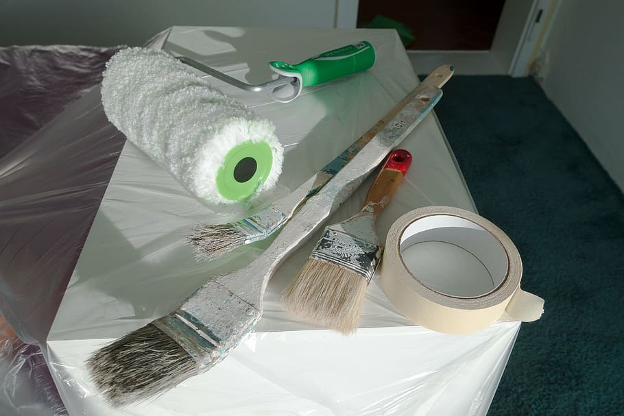 painting tools, white, wooden, table, brush, roll, painter, painters masking, renovation, painter working