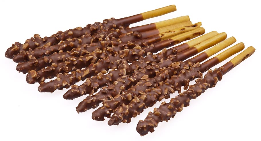 close-up photo, chocolate sticks, pepero, almond, sticks, sweet, candy, good, tasty, food