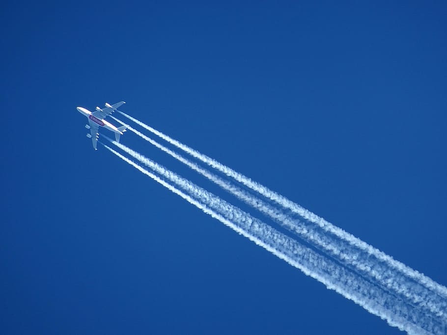 aircraft, contrail, sky, air, fly, partly cloudy, flyer, weather, warm, airy