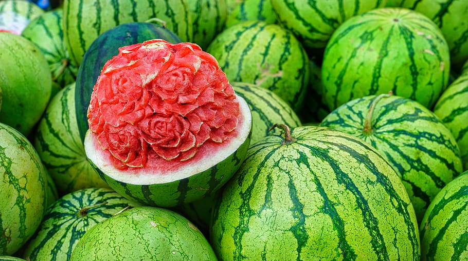 closeup, photography, watermelon fruits, water, melons, display, carved, flower, ripe, food