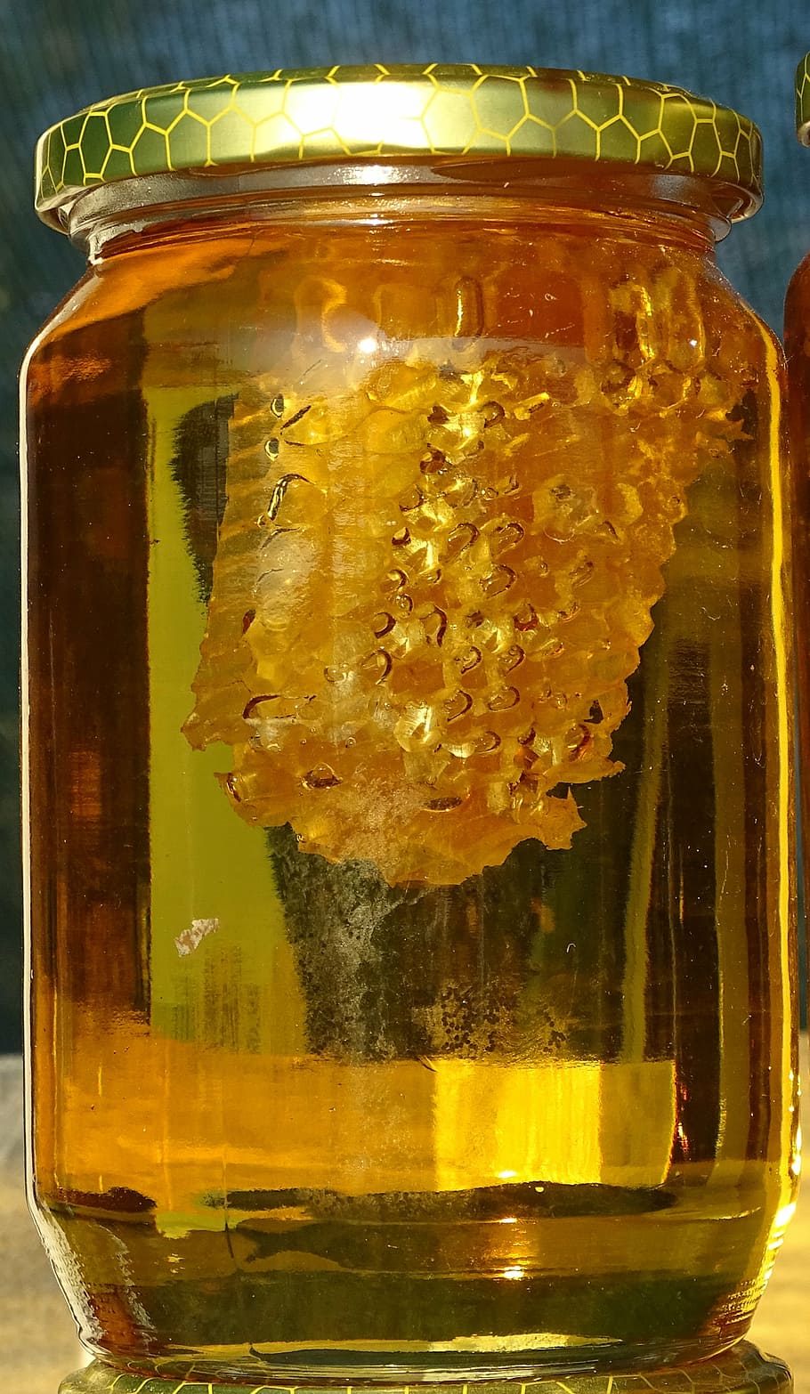 clear, glass jar, containing, honey, honey jar, honeycomb, glass, food, filled, eat
