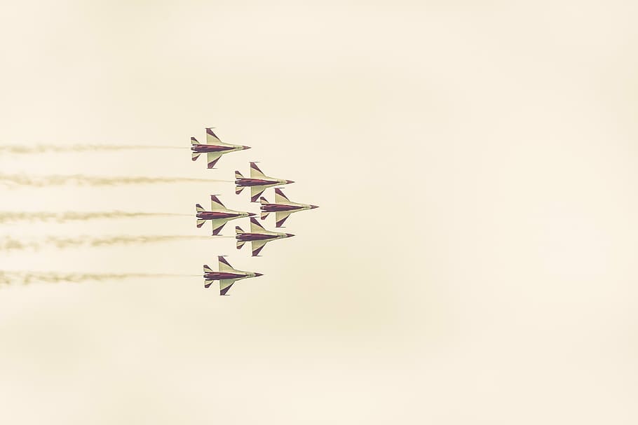 aviones, cinco, avión a reacción, ilustración, jets, estelas de vapor, humo, cielo, vuelo, transporte