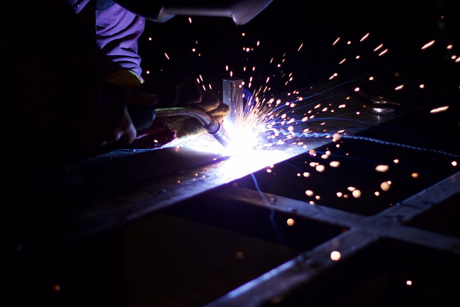man welding, sheet, metalworking, iron, sparks, weld, metal, metalwork, industrial, equipment