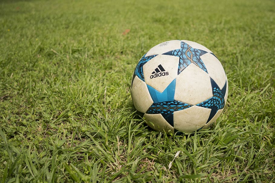 white, blue, adidas soccer ball, grass field, ball, grass, sport, field, football, soccer