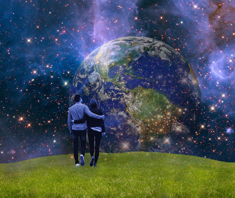 person, standing, green, field, universe wallpaper, earth, blue planet, globe, gaia, planet