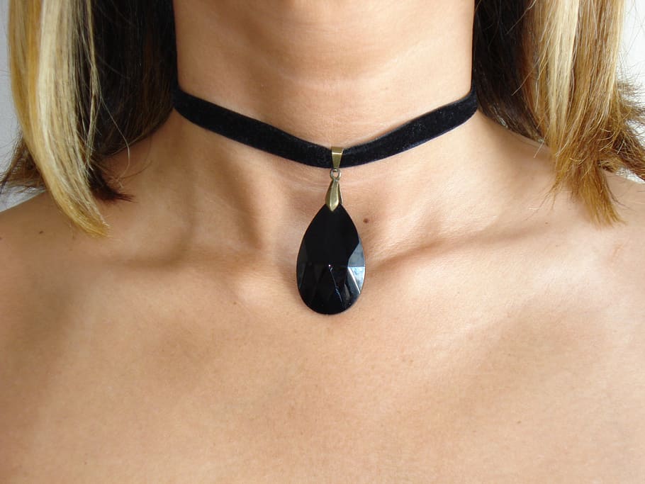 woman, wearing, black, choker necklace, neck, collar, paste, midsection, one person, human body part