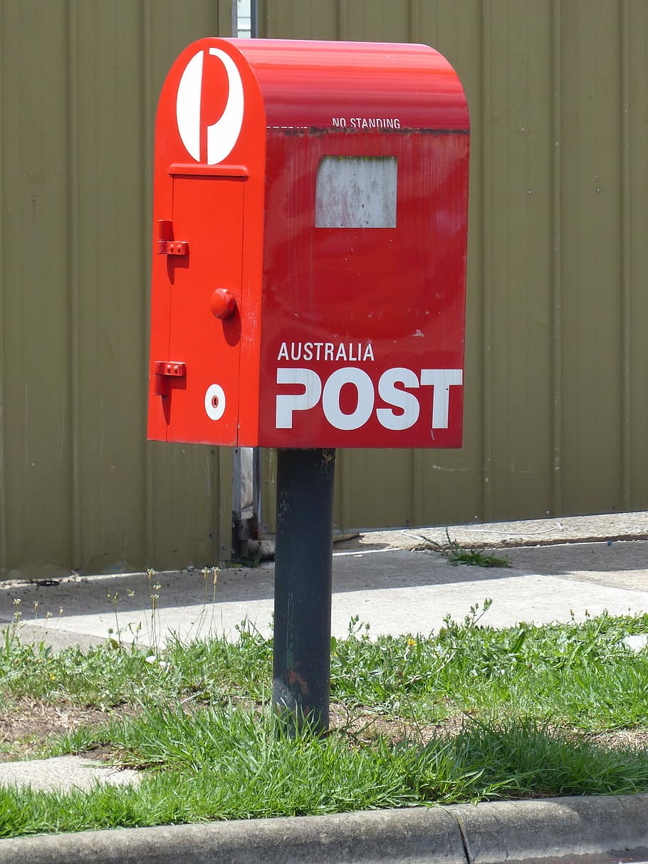 Post Box, Mail, Letterbox, red, grass, gasoline, day, outdoors, communication, text
