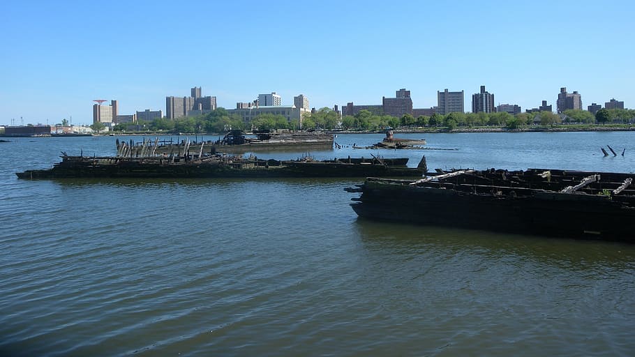 barges, ships, sunken, graveyard, old, weathered, rusty, abandoned, decay, architecture
