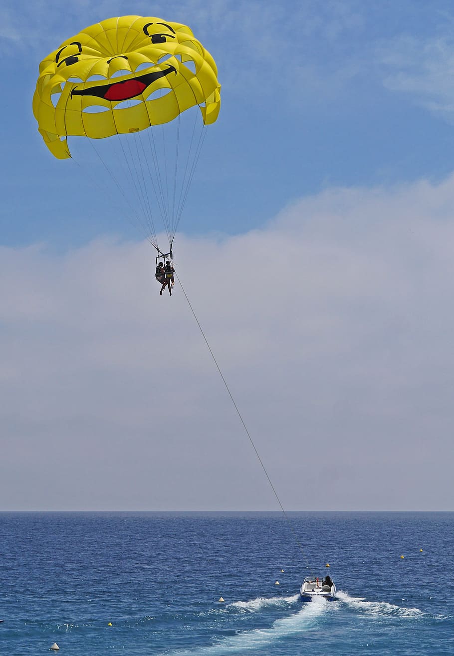 parasailing, screen, powerboat, towline, mediterranean, horizon, blue, airy, sport, sky