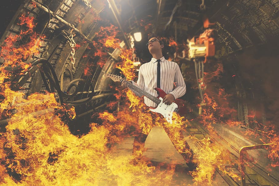 guitarrista, fogo, rocha, hard rock, quente, queimar, guitarra elétrica, música, túnel, calor
